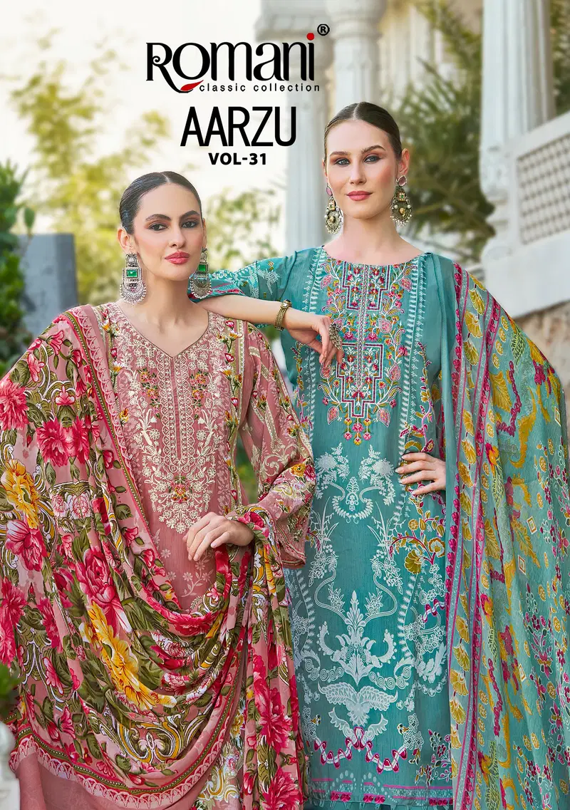 Romani Aarzu Vol 31 Soft Cotton Digital Printed With Embroidered Dress Material Wholesale