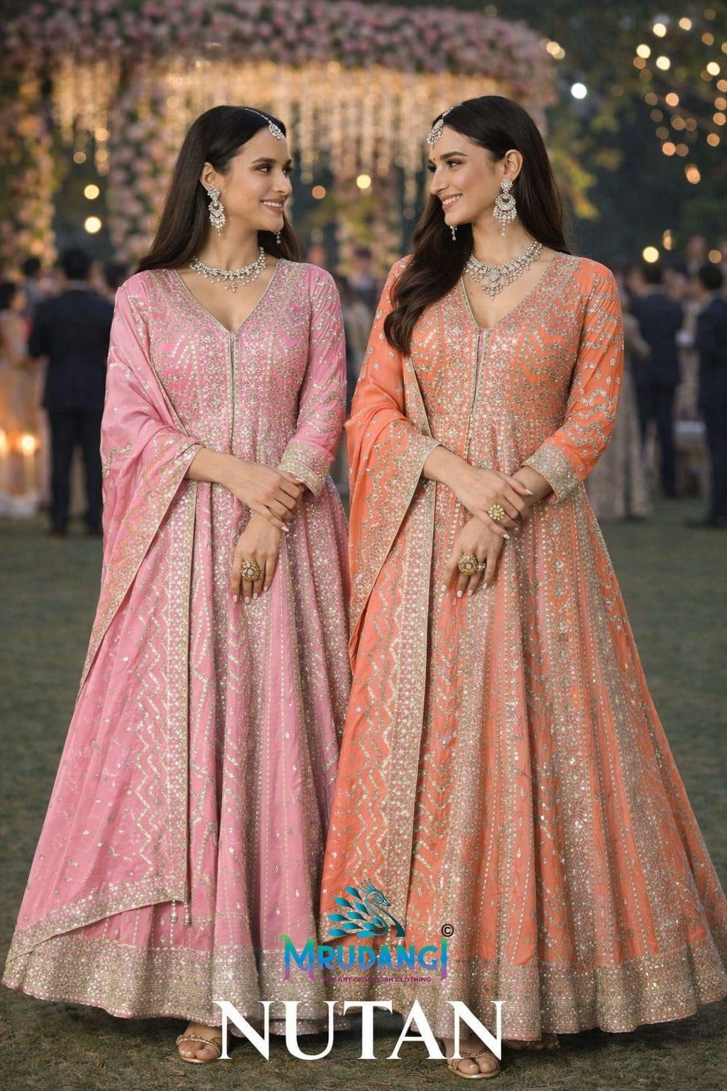 Mrudangi Nutan Chinon Embroidered Gown With Dupatta Wholesale