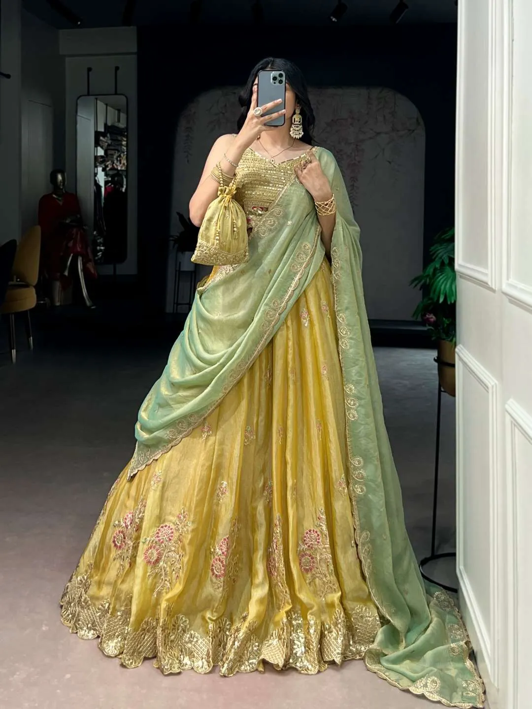 WMN 1466 Moss Silk Sequins and Thread Embroidery Work Lehenga Wholesale Surat