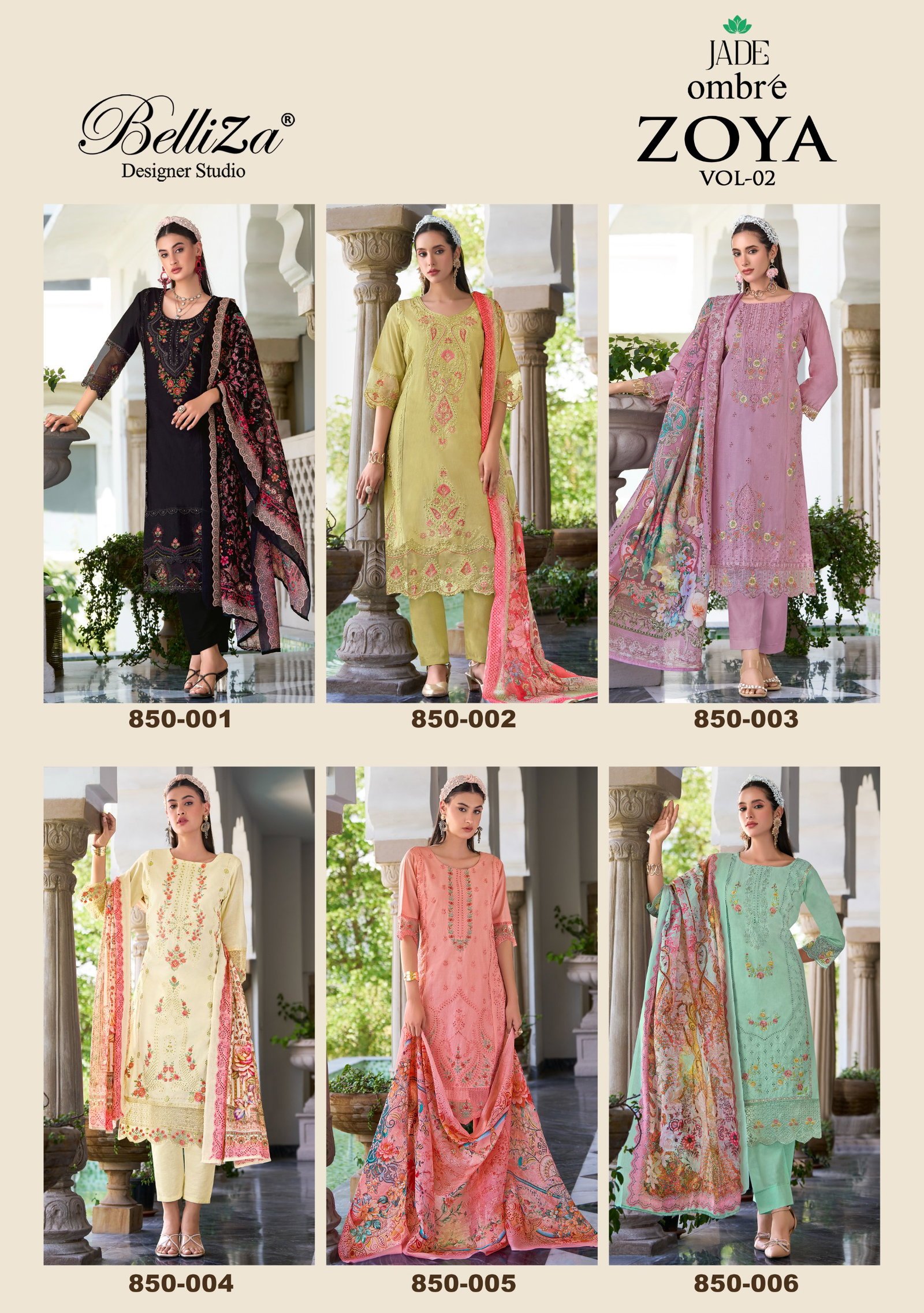 Beautiful Belliza Jade Ombre Zoya Vol 2 Lawn Cotton With Embroidery Dress Material Wholesale 2026