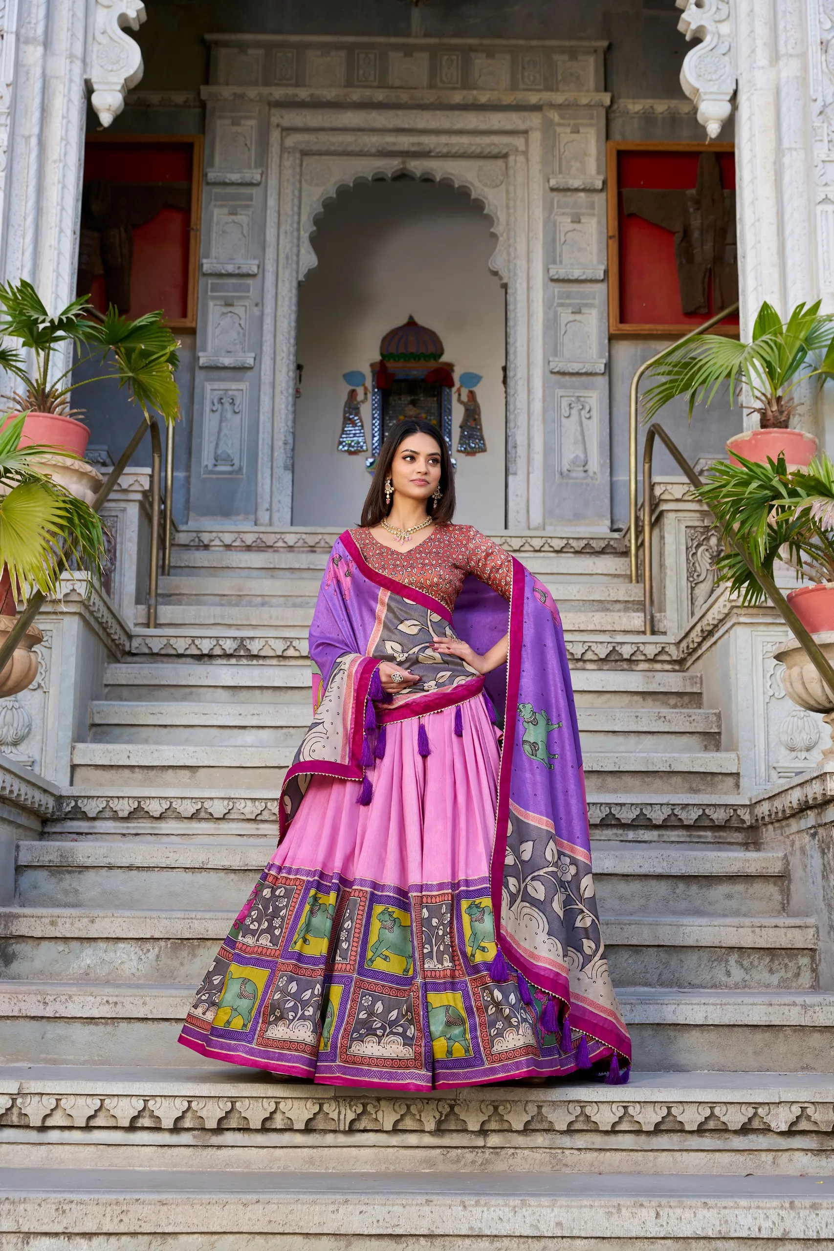 WMN 1235 Tussar Silk Kalamkari Lehenga Coli Wholesale