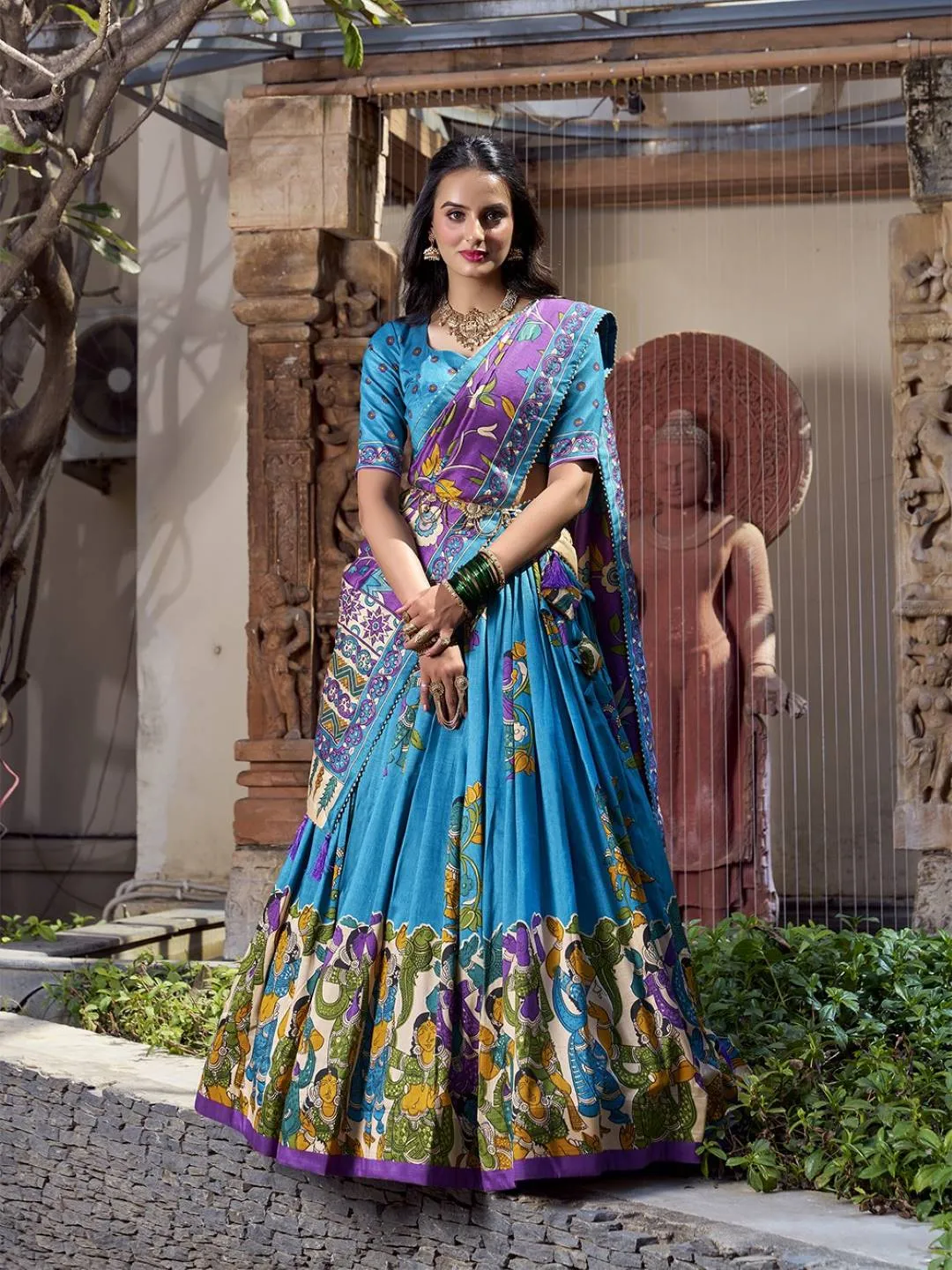WMN 1236 Tasar Silk Kalamkari Printed Lehenga Choli Wholesale