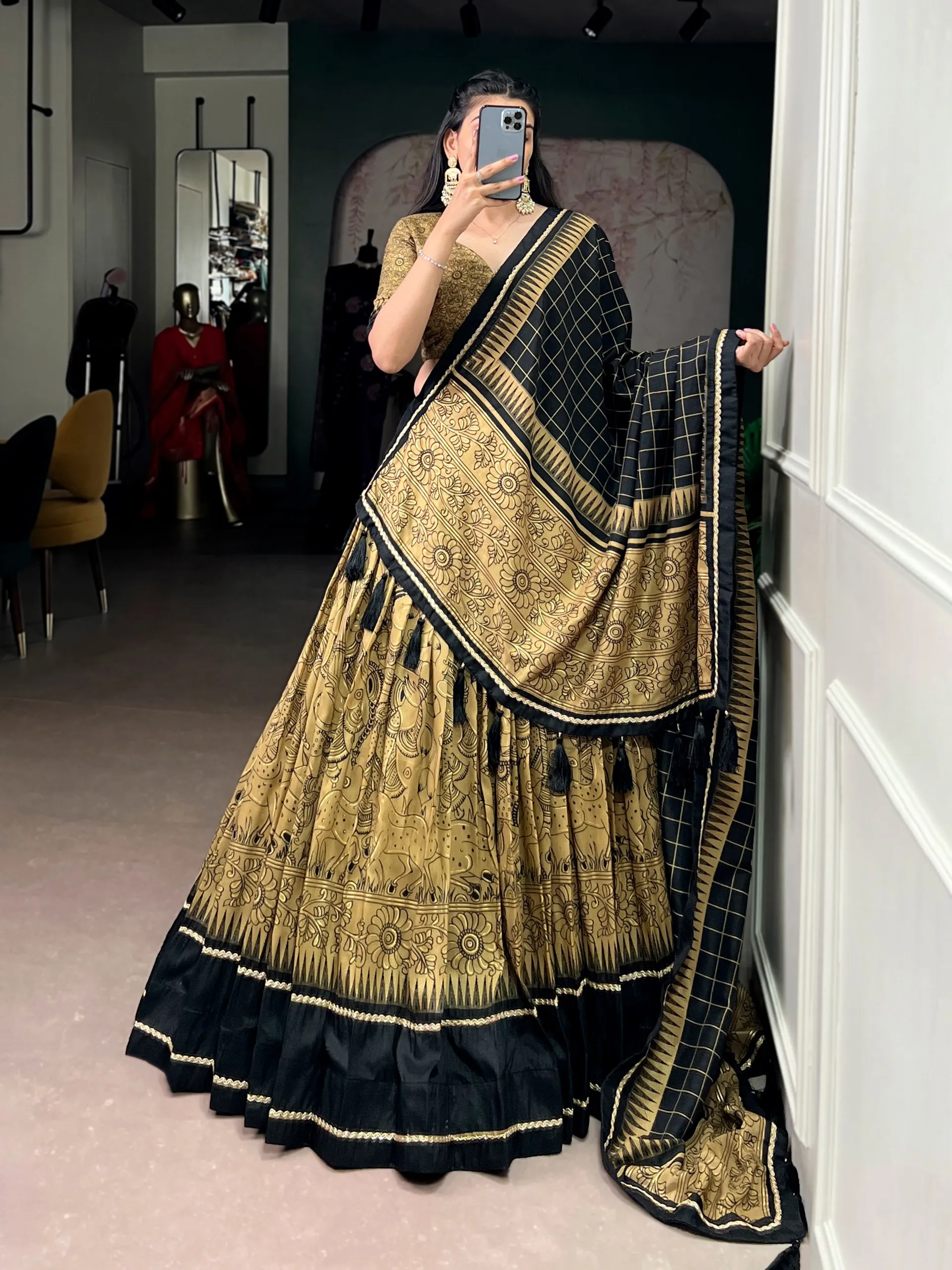 1206 Ishanya Tasar Silk Kalamkari Work Lehenga Choli Wholesale