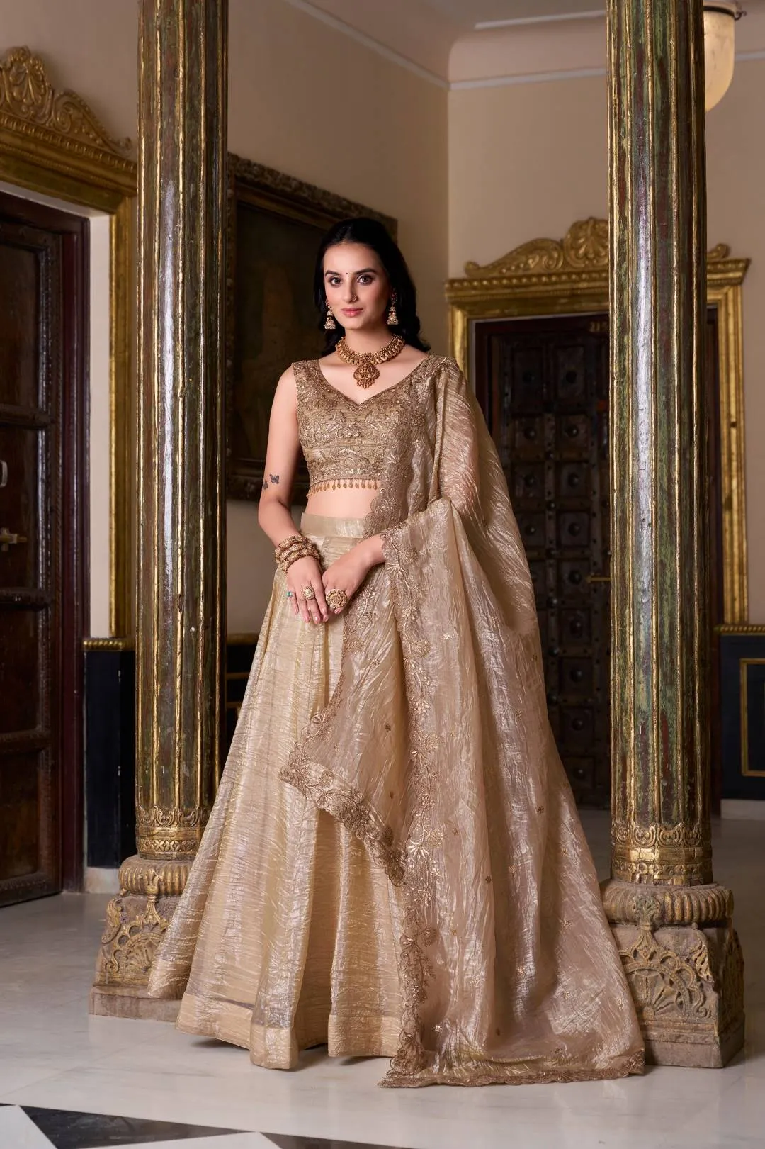 WMN 1430 Gold Crush Plain Work Wedding Lehenga Choli Wholesale