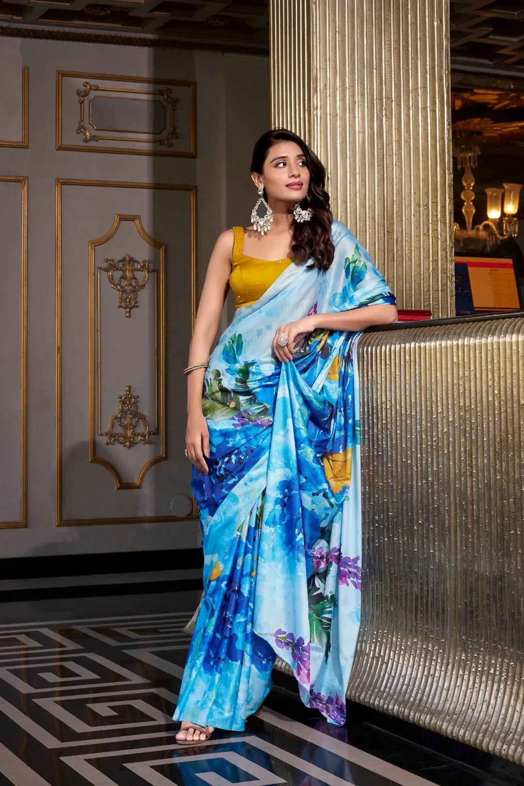 WMN 7026 Satin Silk Printed Party Wear Saree Wholesale