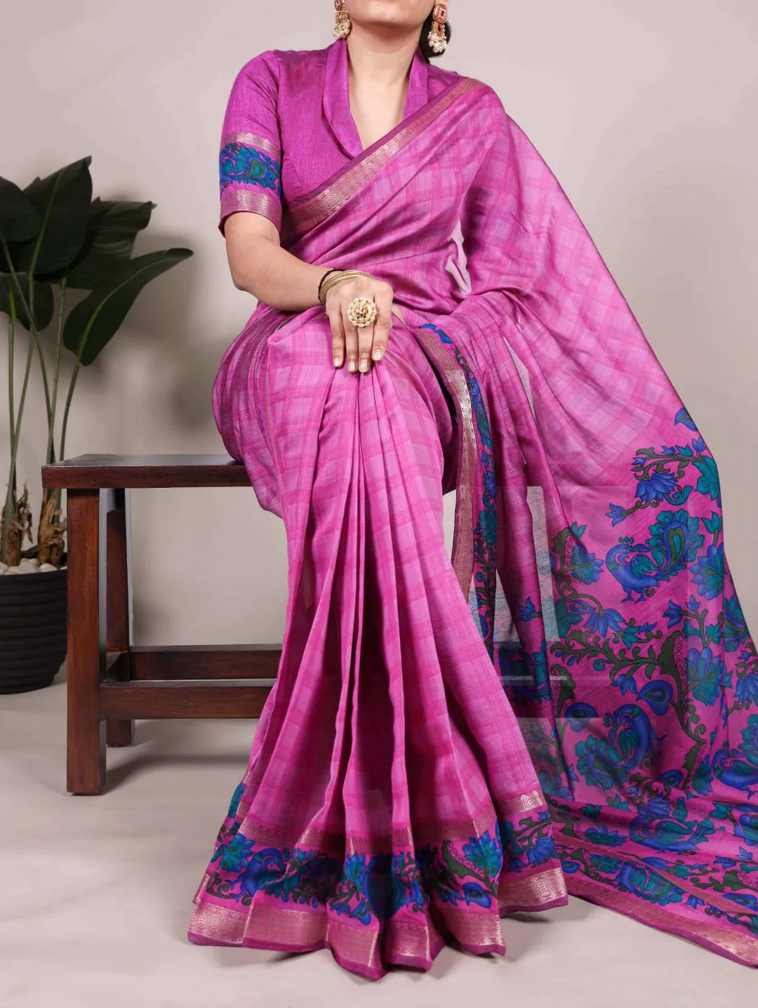 WMN 7035 Viscose Chanderi Printed Zari Weaving Work Saree Wholesale