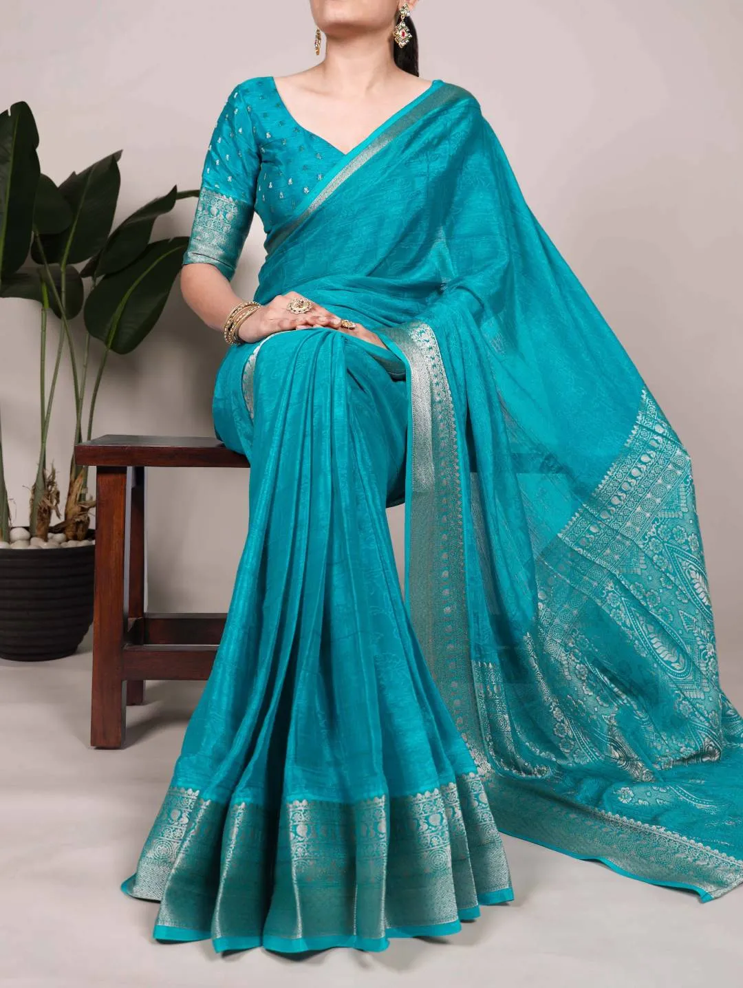 WMN 7902 Chinon Printed Weaving Work Saree Wholesale