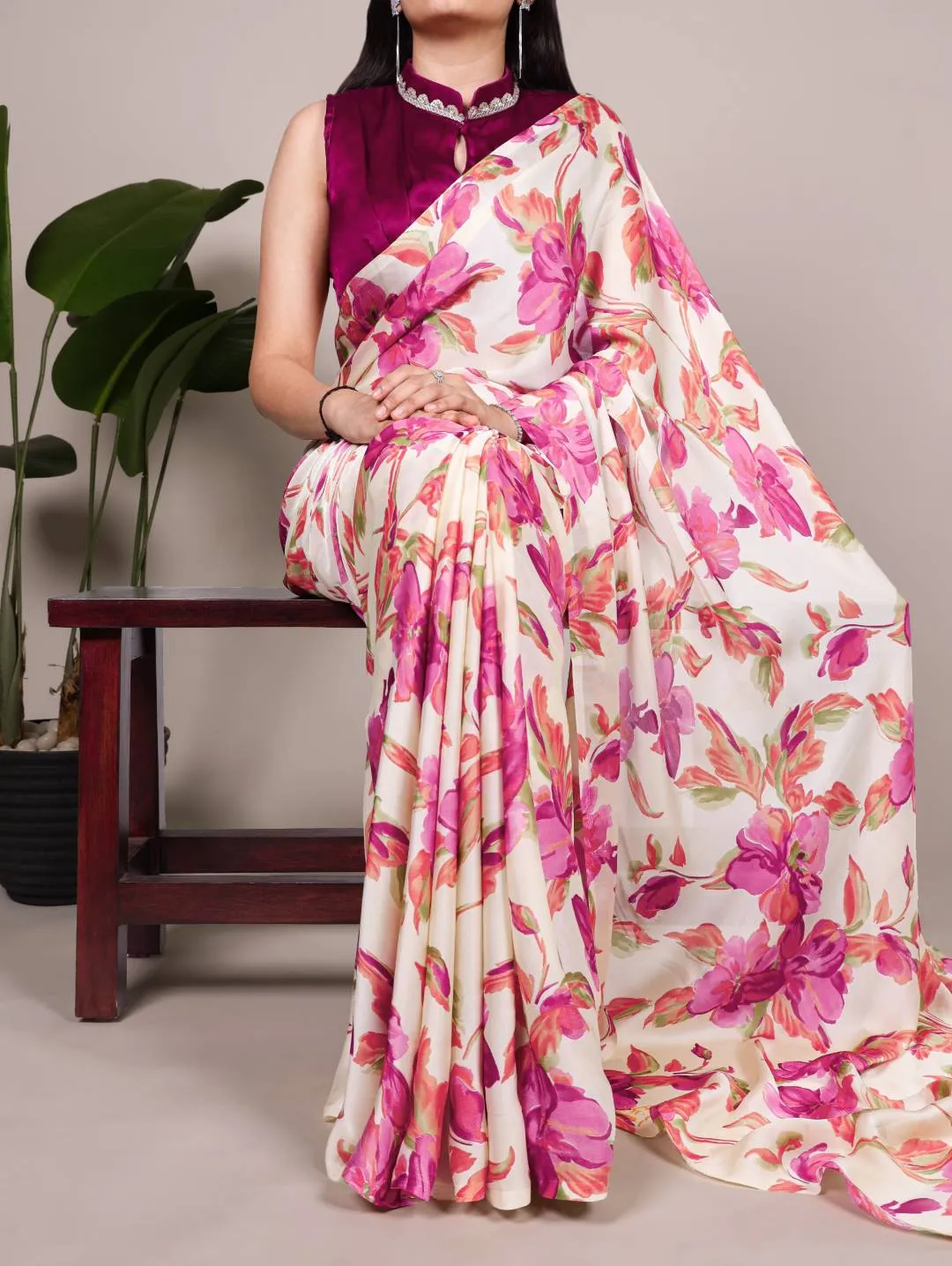 WMN 7008 Satin Silk Floral Printed Saree Wholesale