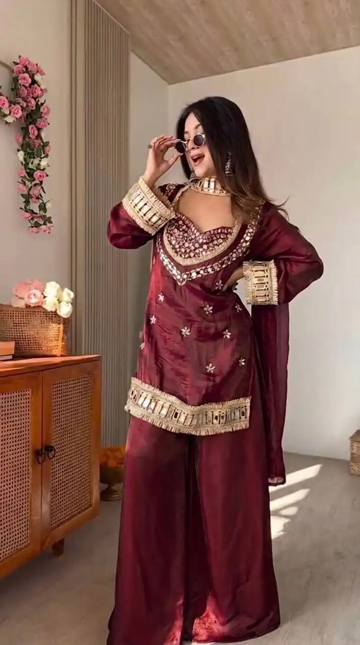 Sabina 5326 Fendy Silk Mirror Work Party Wear Sharara Suit Wholesale