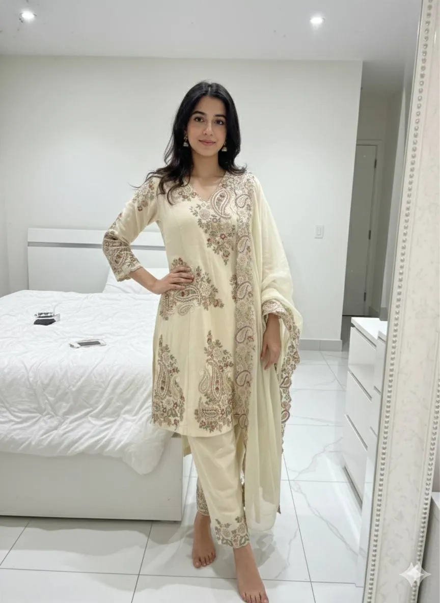 BV 449 Fendy Silk White Kurti Pant With Dupatta Sequence Embroidery Work