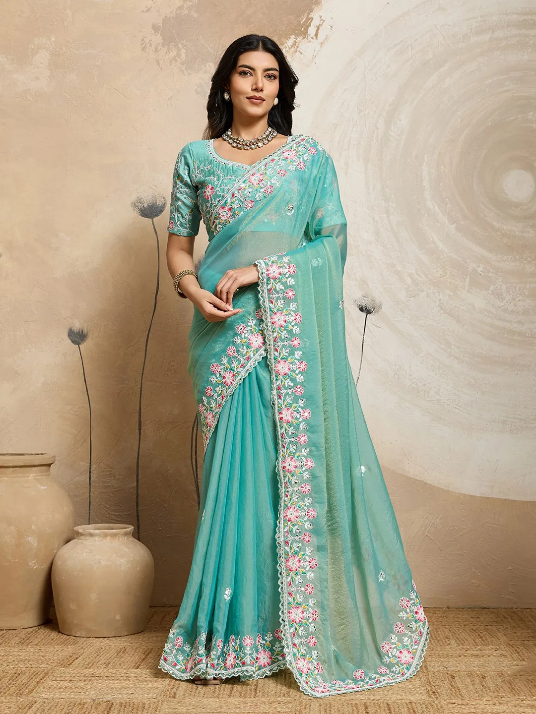 Kiara Dhwani1 Moss Chiffon Embroidery Wedding Saree Wholesale Surat