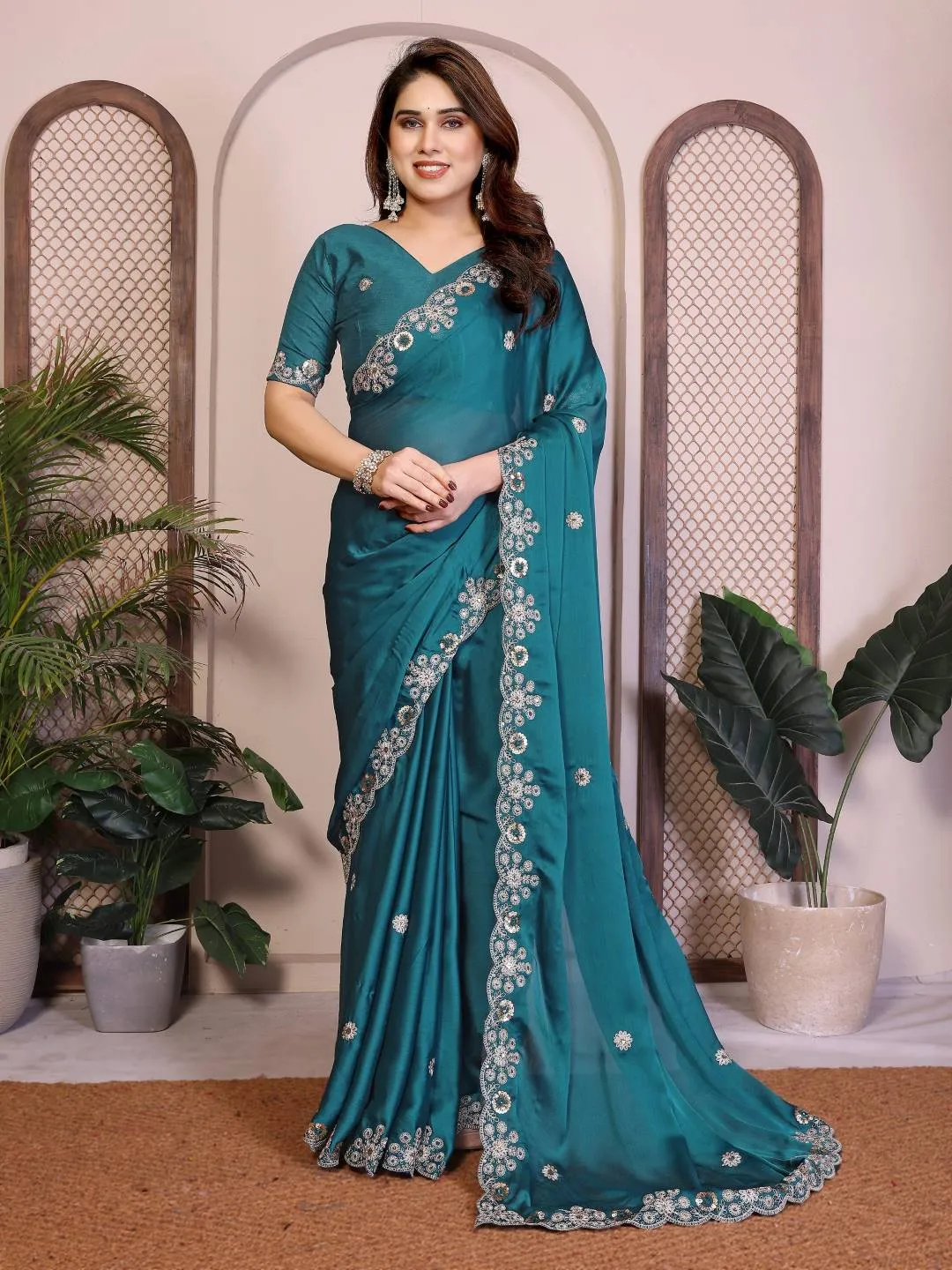 Kiara Mamta1 Shattin Chiffon Embroidery Festival Saree Wholesale Surat