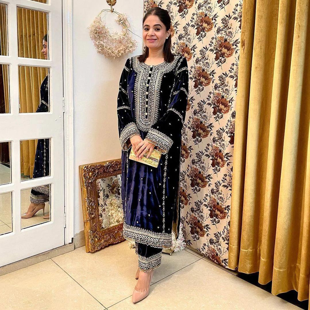 C585 1170 Velvet Embroidery Party Wear Kurti Pant Wholesale Surat