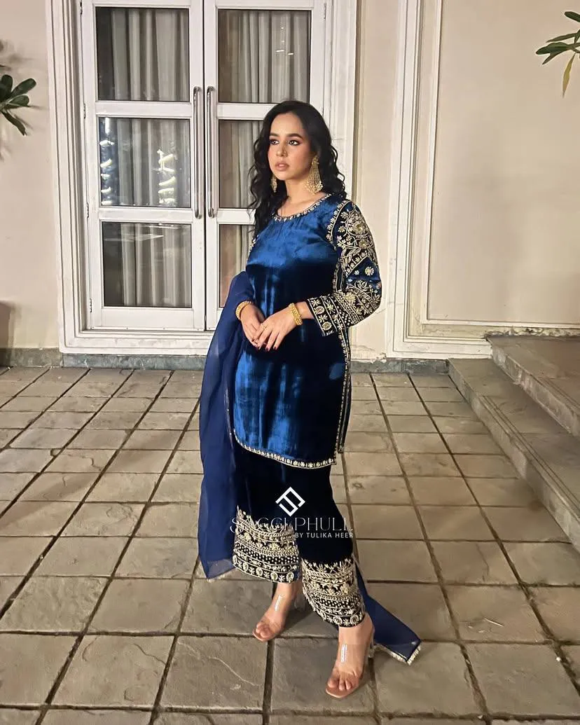 C585 1337 Velvet Sequence Kurti Pant Dupatta Wholesale Surat