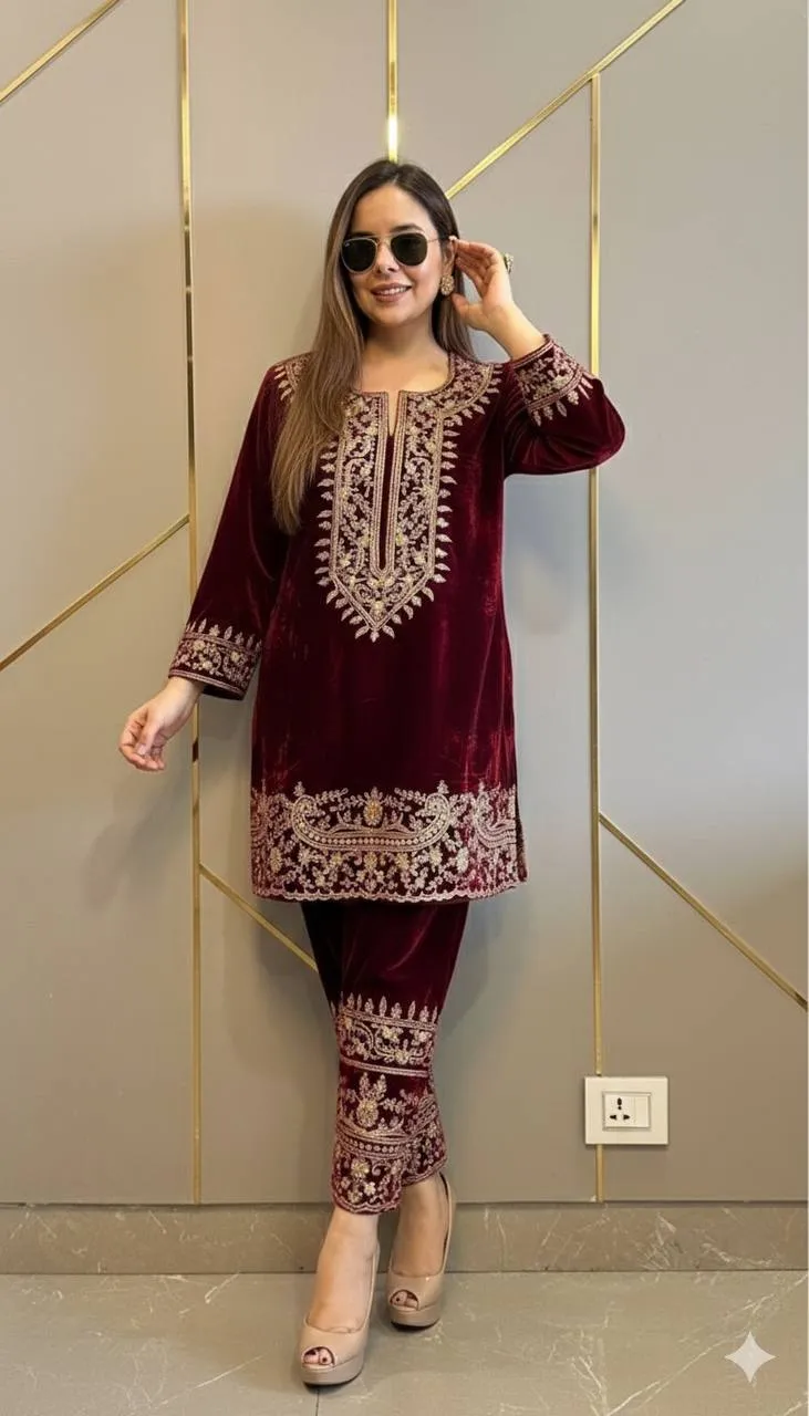 C585 1428 Velvet Zari Embroidery Work Kurti Wholesale Surat