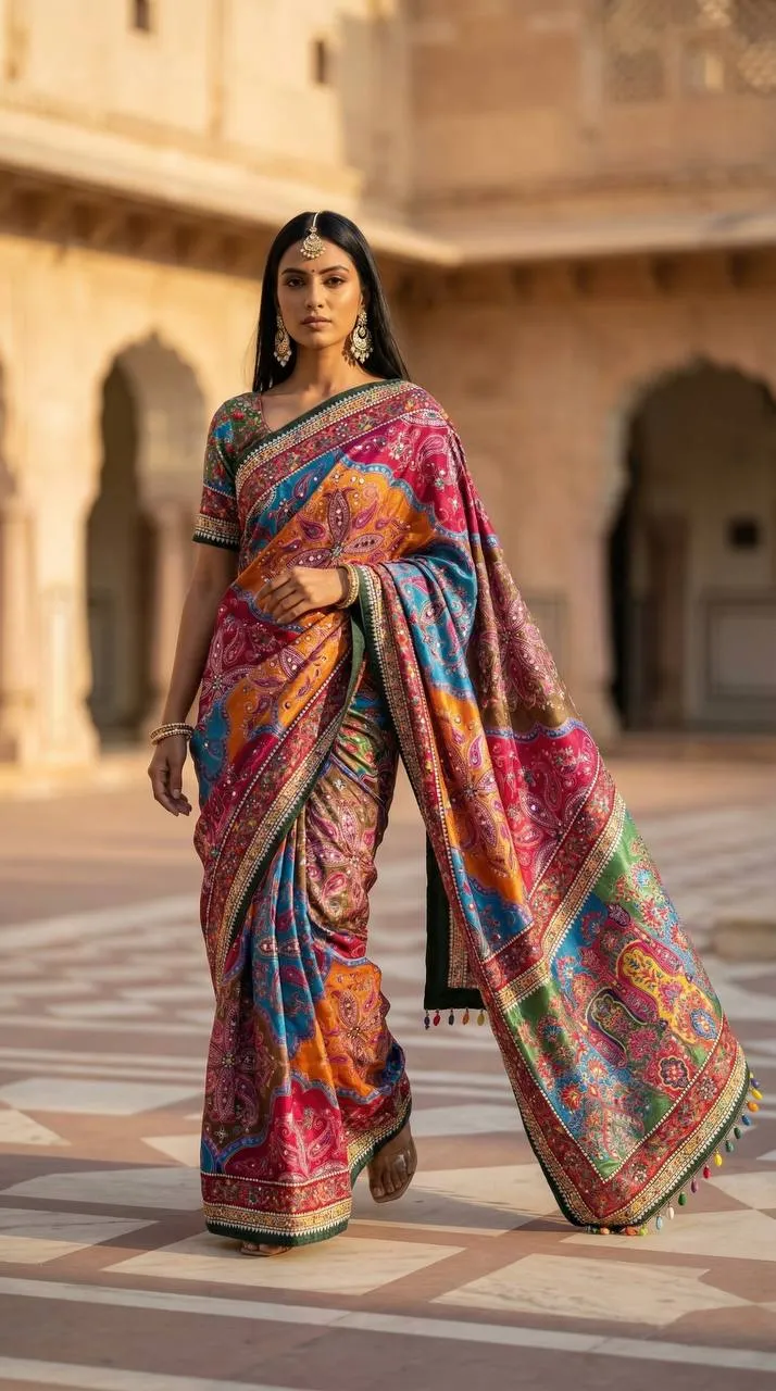 WMS Roman Silk Ajarakh Printed Saree Wholesale Surat