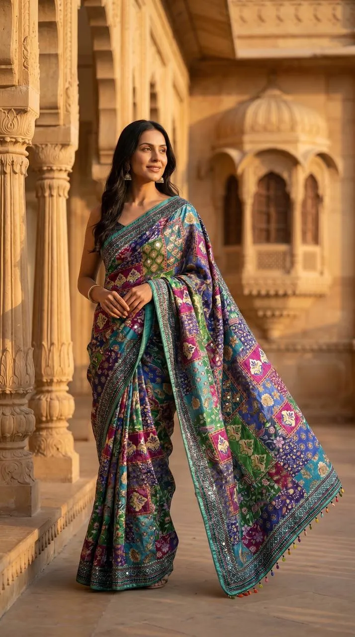 WMS Roman Silk Ajarakh Mirror Work Festival Wholesale Surat Saree