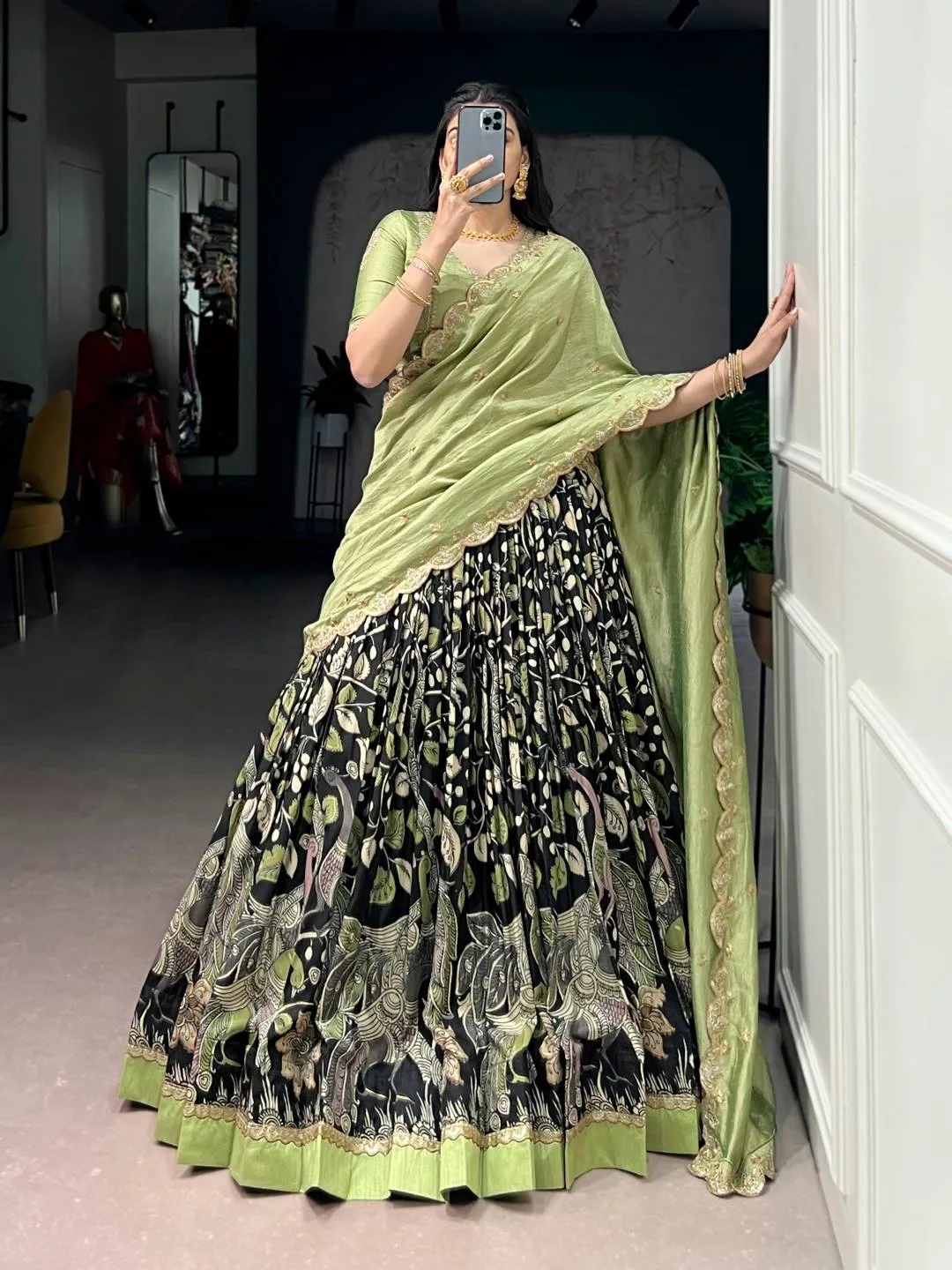 WMN 1207 Tasar Silk Kalamkari Printed Embroidery Lehenga Choli Wholesale Surat