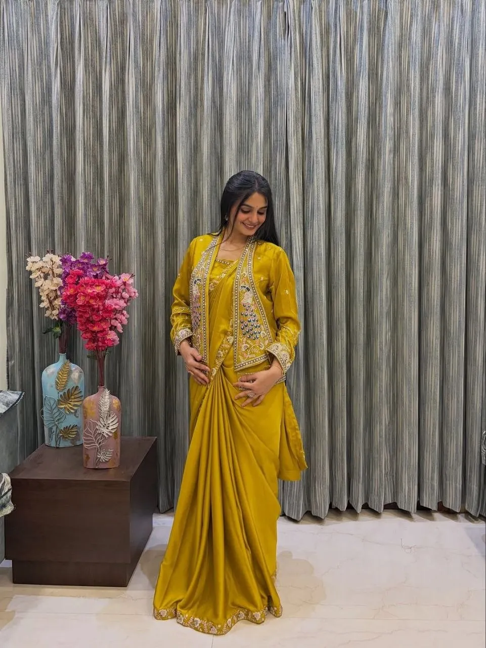 Madhuri 256 Satin Embroidery Ready To Wear Saree Wholesale Surat