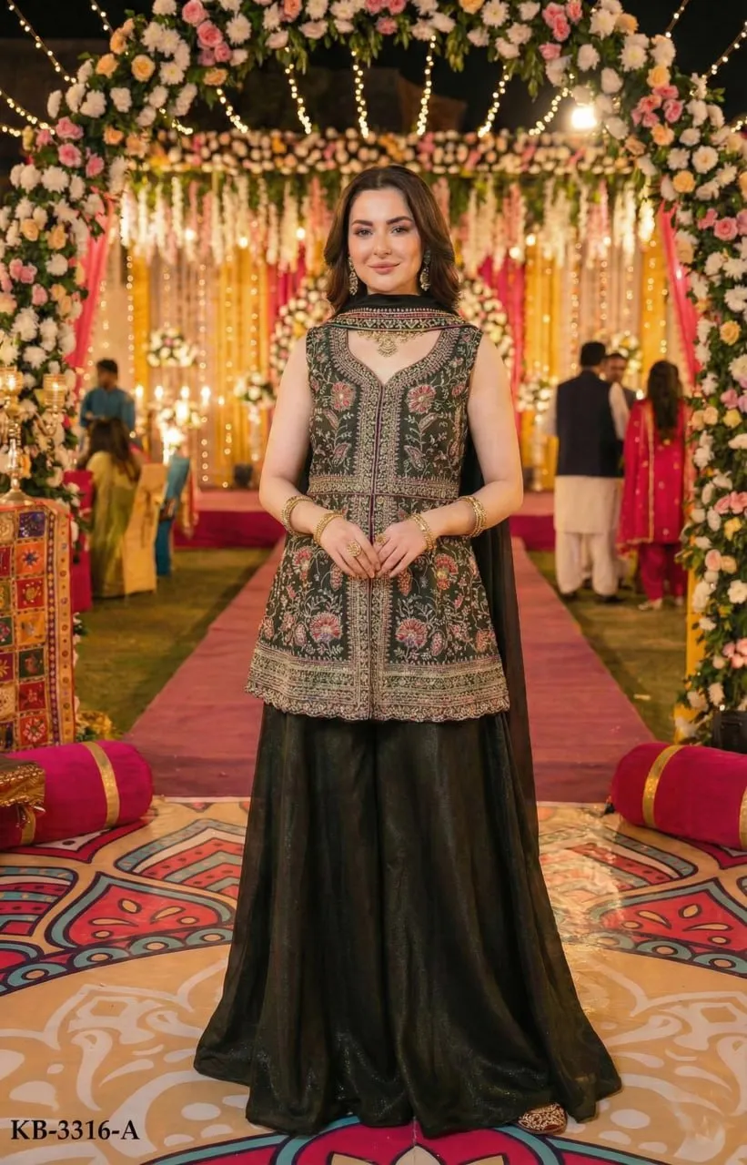 KB 3316 Star Georgette Embroidery Festival Work Top Sharara Wholesale Surat