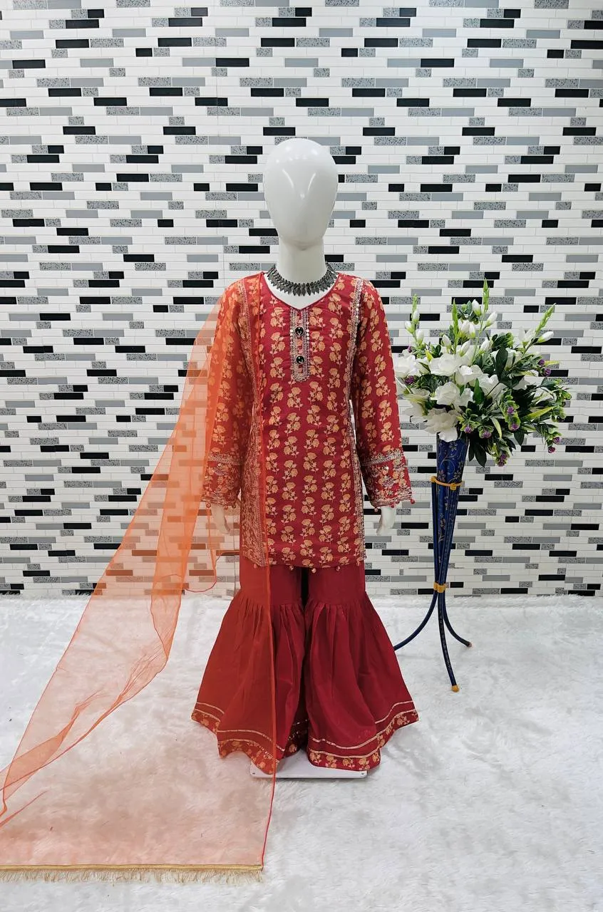 Launching Baby 204 Chinon Embroidery Sharara Suit Kid Wear Wholesale 2026