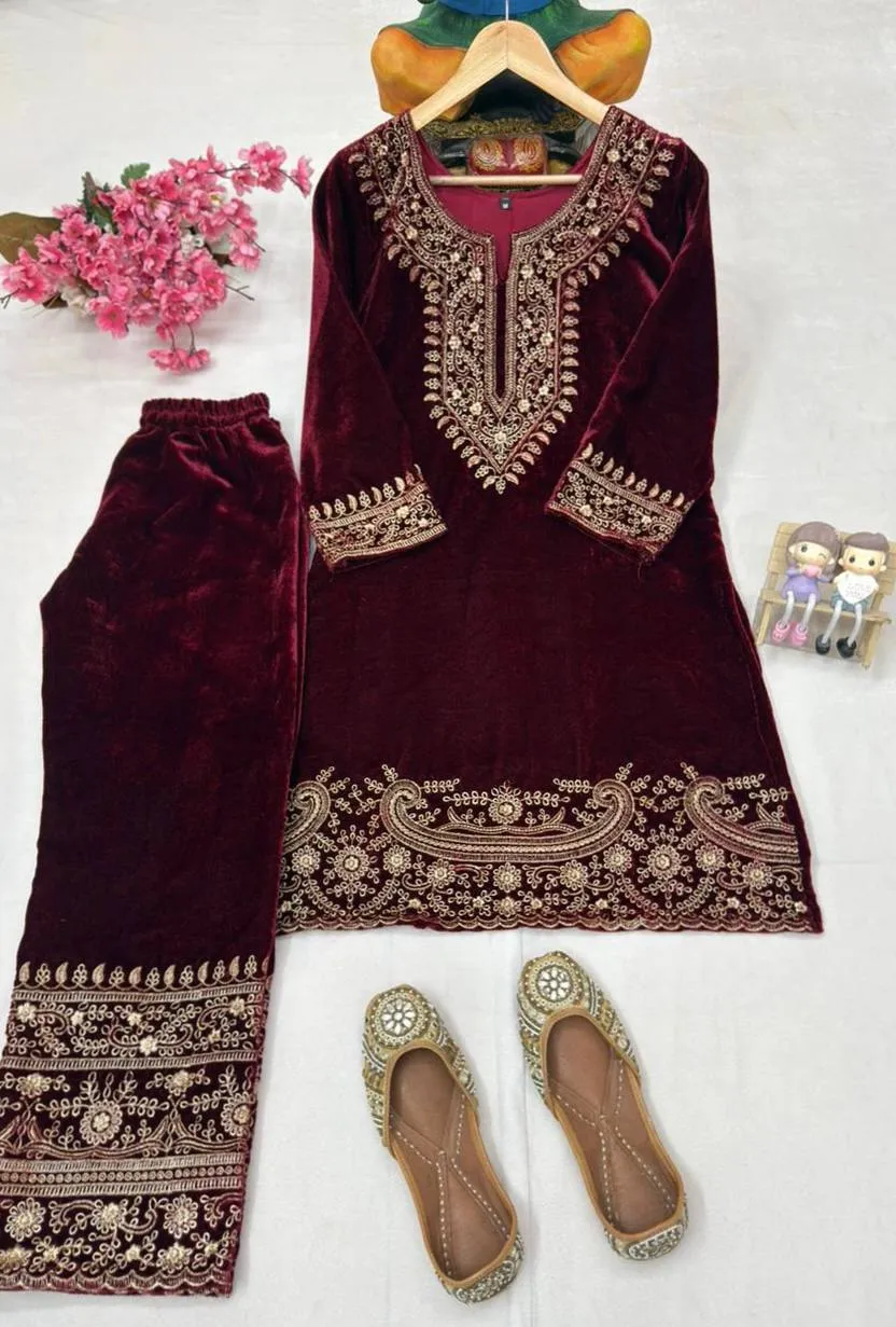Launching C585 1428 Velvet Zari Embroidery Work Kurti Wholesale Surat 2026