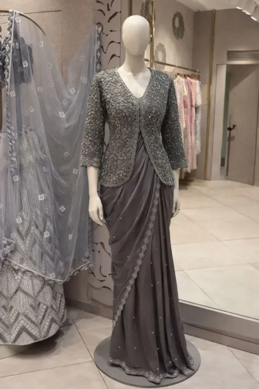 Beautiful Madhuri 250 Crep Satin Embroidery Wedding & Party Ready To Wear Saree Wholesale Surat 2026