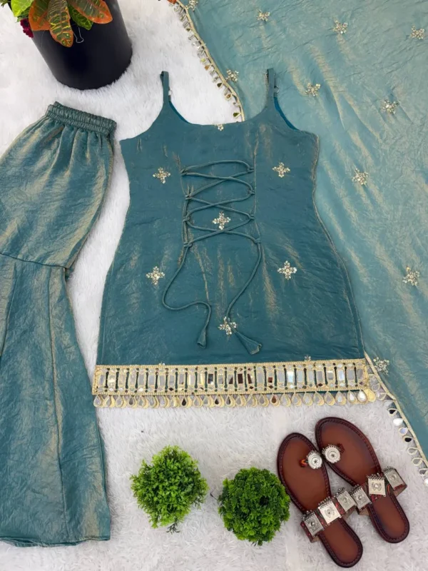 Latest Sabina 5334 Fendy Silk Sky Blue Mirror Work Party Wear Sharara Suit Wholesale 2026