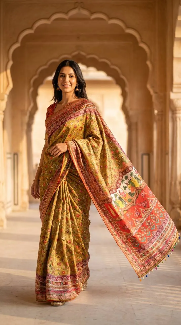 Beautiful WMS Roman Silk Ajarakh Mirror Work Festival Wholesale Surat Saree 2026