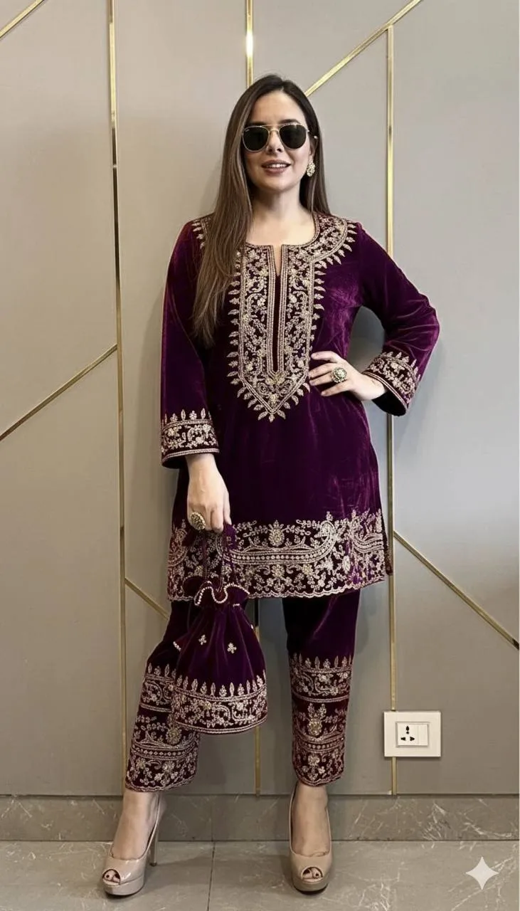 Launching C585 1428 Velvet Zari Embroidery Work Kurti Wholesale Surat 2026