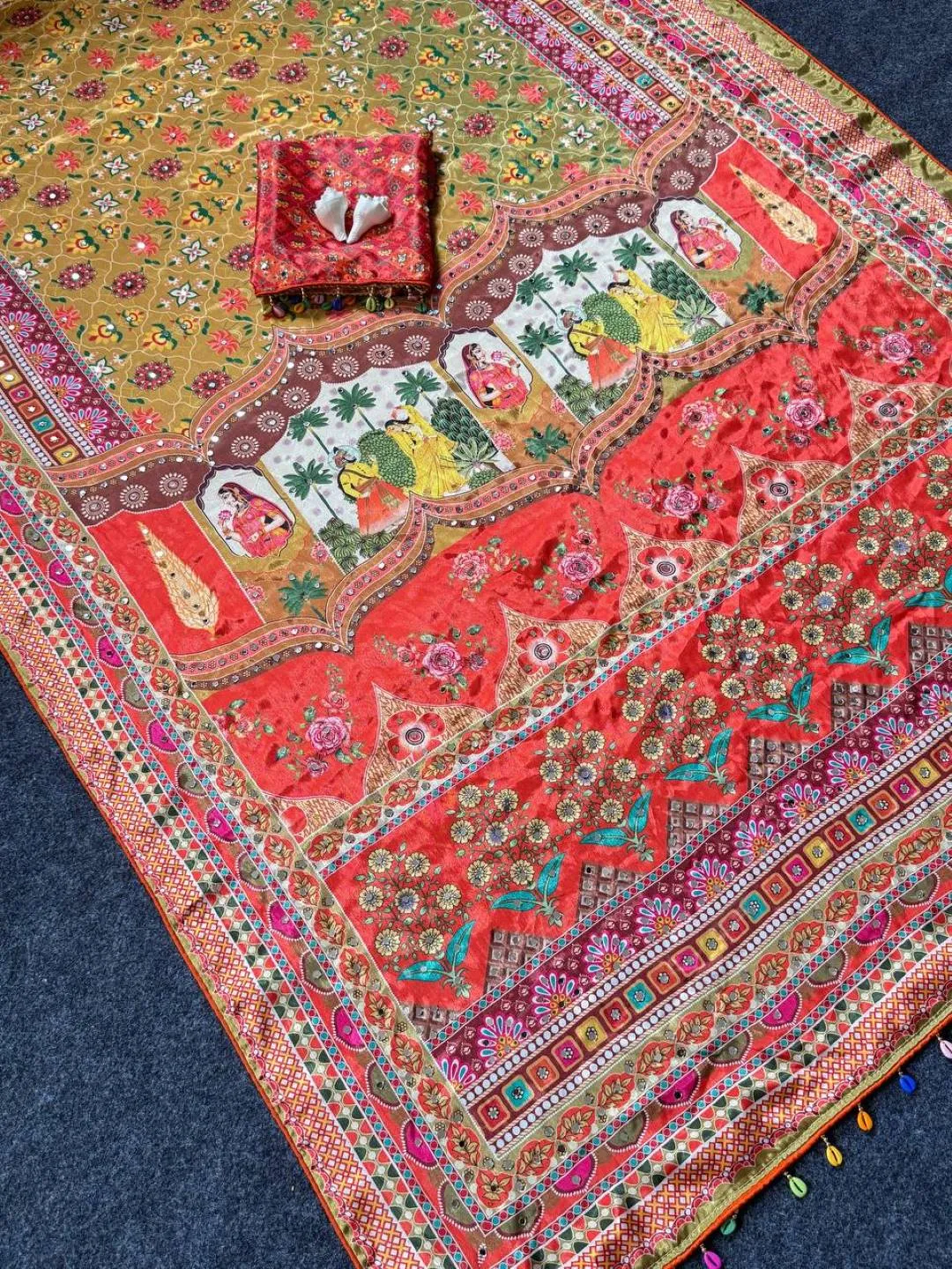 Beautiful WMS Roman Silk Ajarakh Mirror Work Festival Wholesale Surat Saree 2026