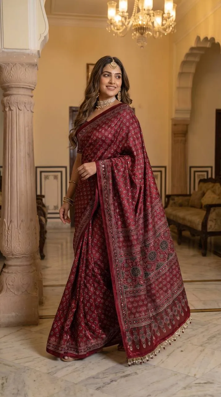 Beautiful WMS Roman Silk Ajarakh Mirror Work Festival Wholesale Surat Saree 2026