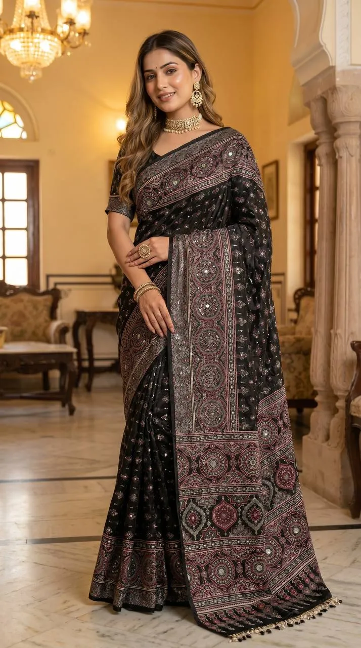 Beautiful WMS Roman Silk Ajarakh Mirror Work Festival Wholesale Surat Saree 2026
