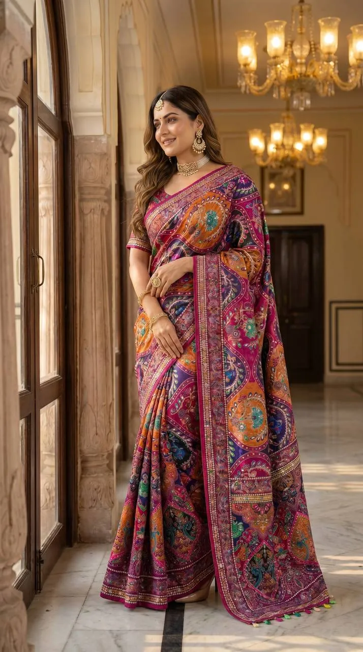 Beautiful WMS Roman Silk Ajarakh Mirror Work Festival Wholesale Surat Saree 2026