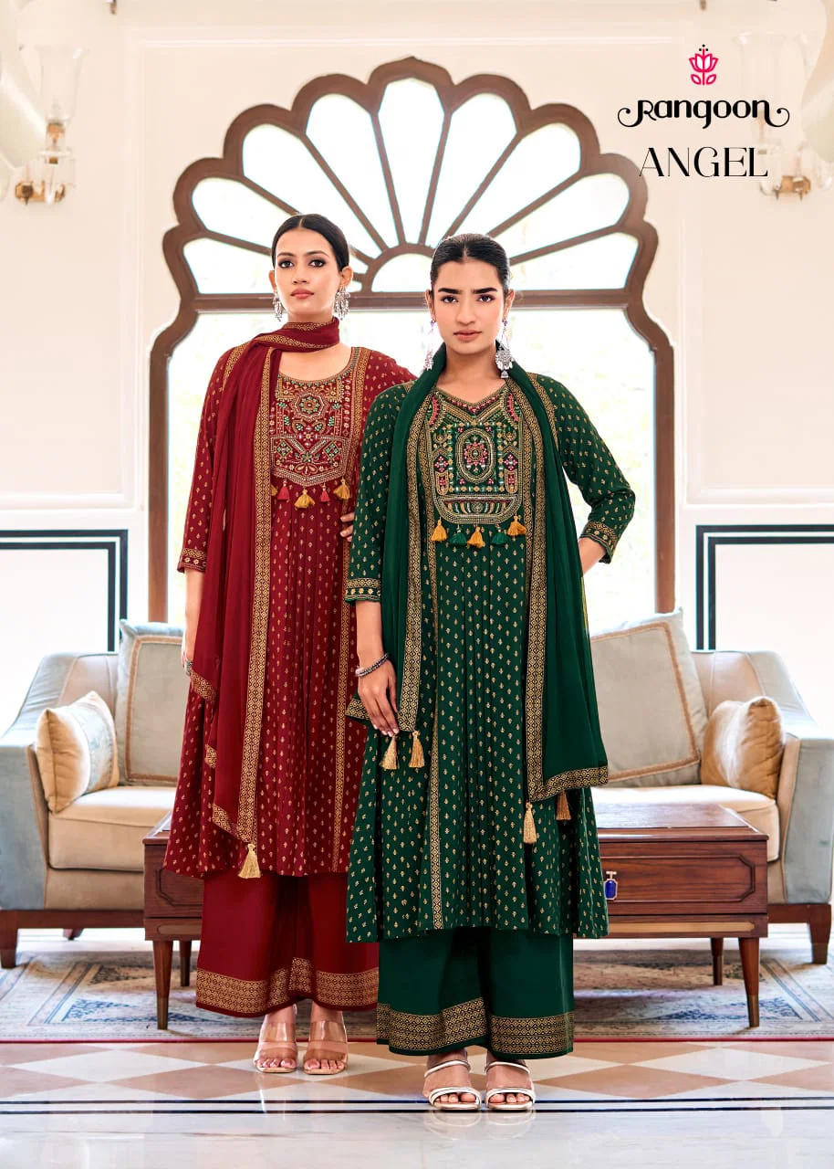 Rangoon Angel Rayon Print With Embroidery Kurti With Bottom Dupatta Wholesale