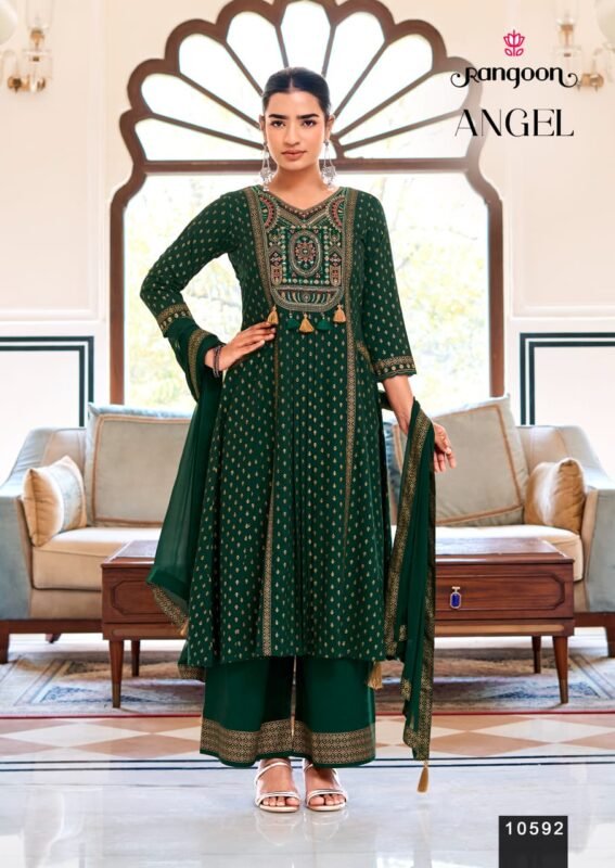 Stylish Rangoon Angel Rayon Print With Embroidery Kurti With Bottom Dupatta Wholesale 2026