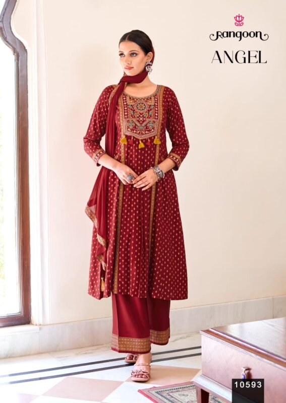Stylish Rangoon Angel Rayon Print With Embroidery Kurti With Bottom Dupatta Wholesale 2026
