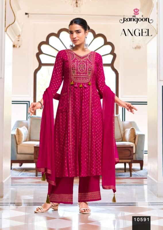 Stylish Rangoon Angel Rayon Print With Embroidery Kurti With Bottom Dupatta Wholesale 2026