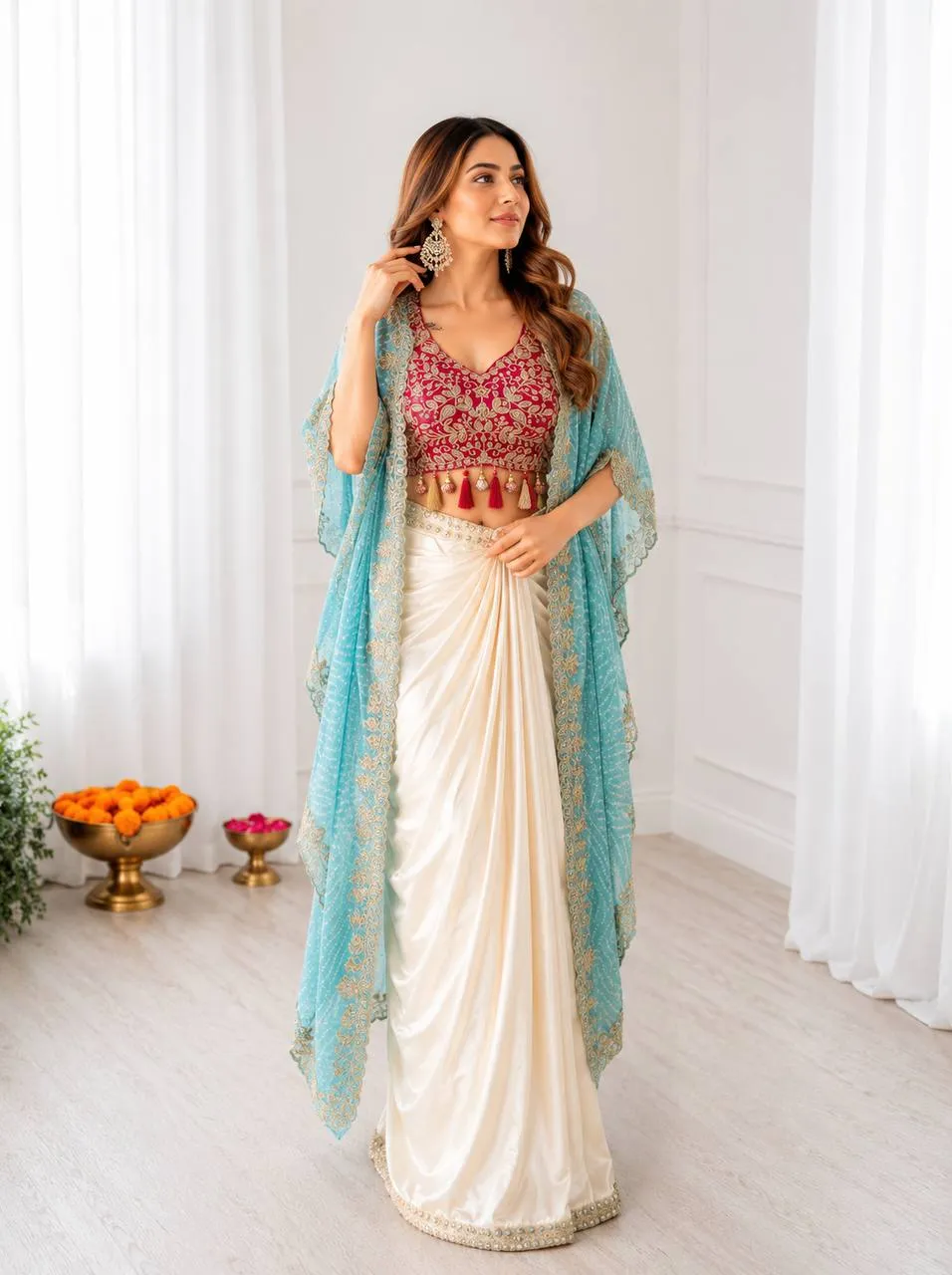 BDB 48 Crepe Silk Embroidery Blouse Dhoti Shrug Set Indo Western In India