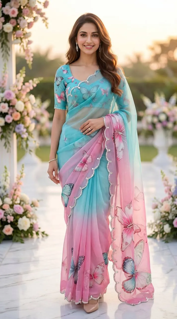 WMS Tabby Trending Butterfly Printed Mirror Hand Work Saree In India