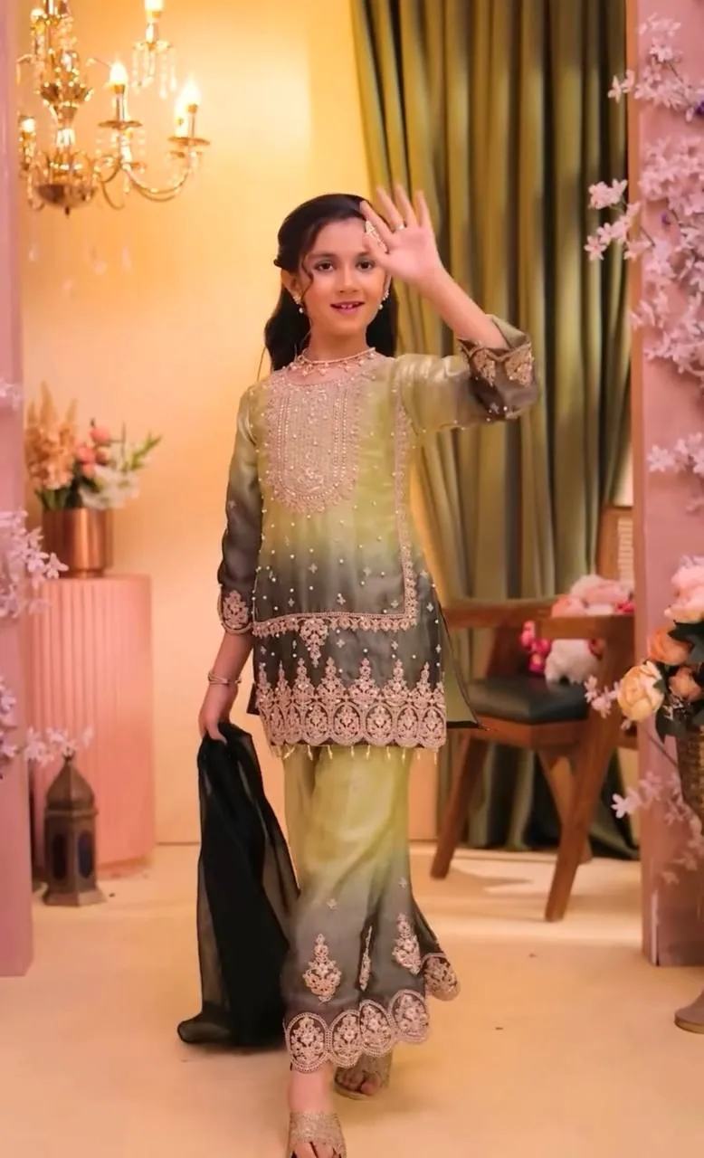 Baby 250 Gmy Silk Embroidery Sharara Suit Dupatta Kids Wear Manufacturer In Surat