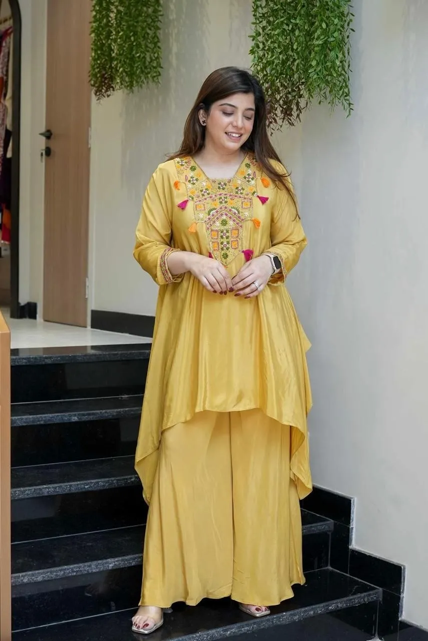 Zarin 02 French Embroidery Raksha Bandhan Kurti Plazzo Co Ord Set