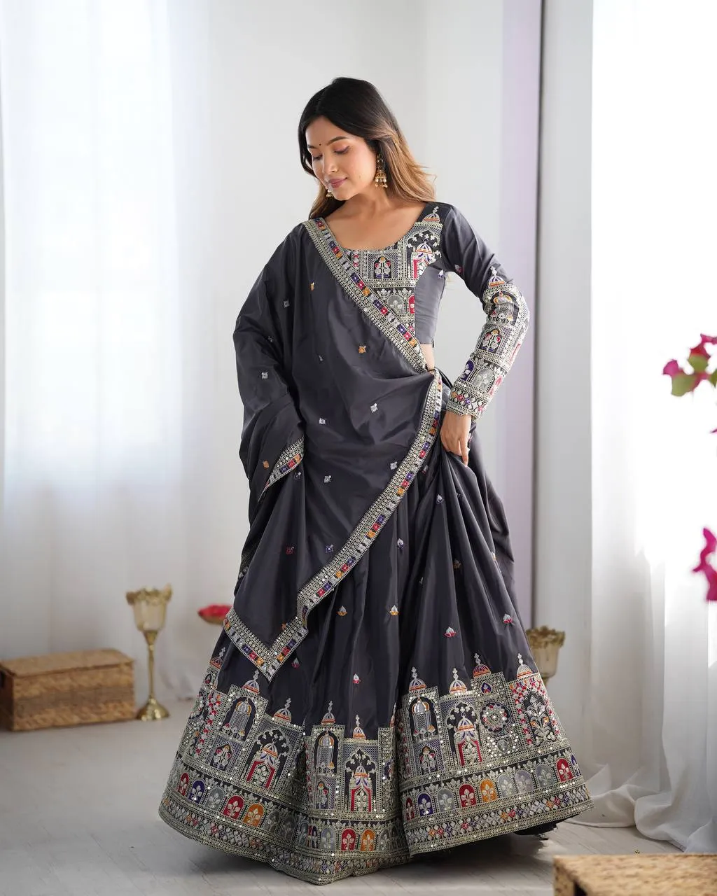 Deepika 400 Natural Crep Silk Sequnce Thread Work Navratri Collection