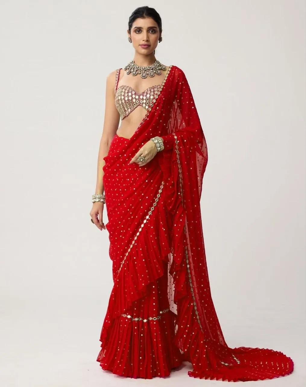 Tamanna 3455 Georgette Designer Ruffle Saree With Mirror Work