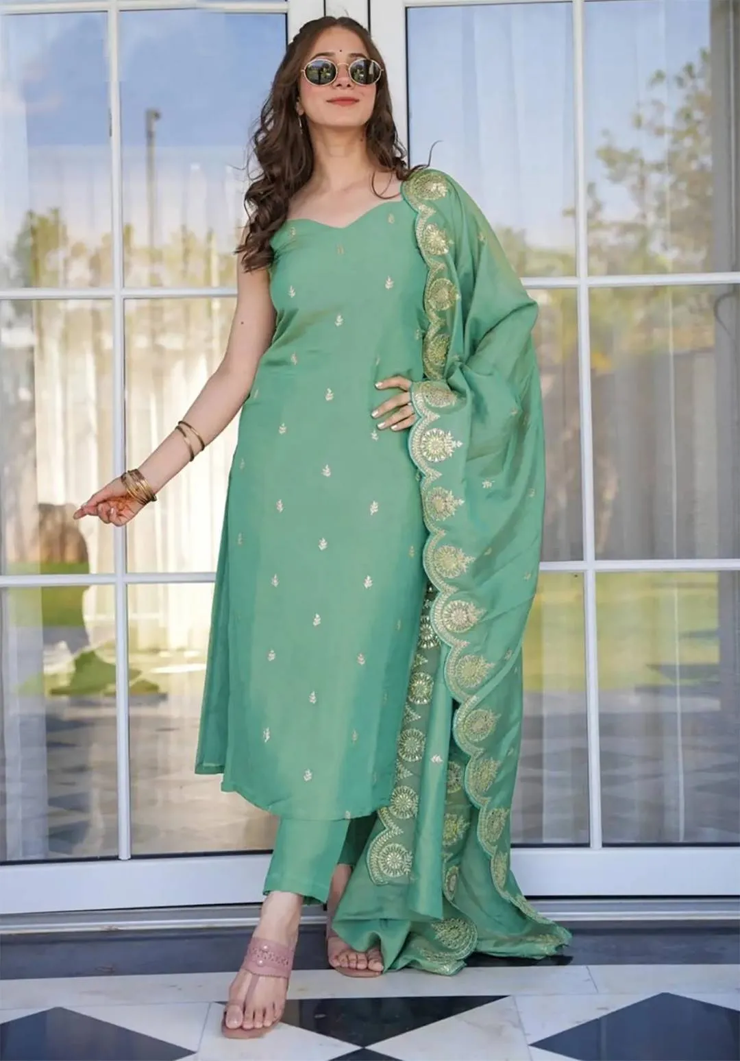 FFD Tesla Embroidery Kurti Pant Dupatta Set Wholesale Surat