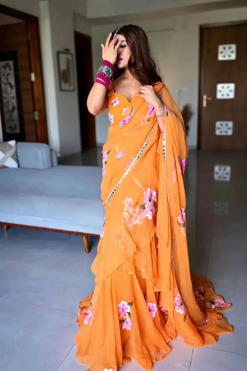 HCR 1134 Georgette Printed Festival Ruffle Saree Online Wholesale Surat Market