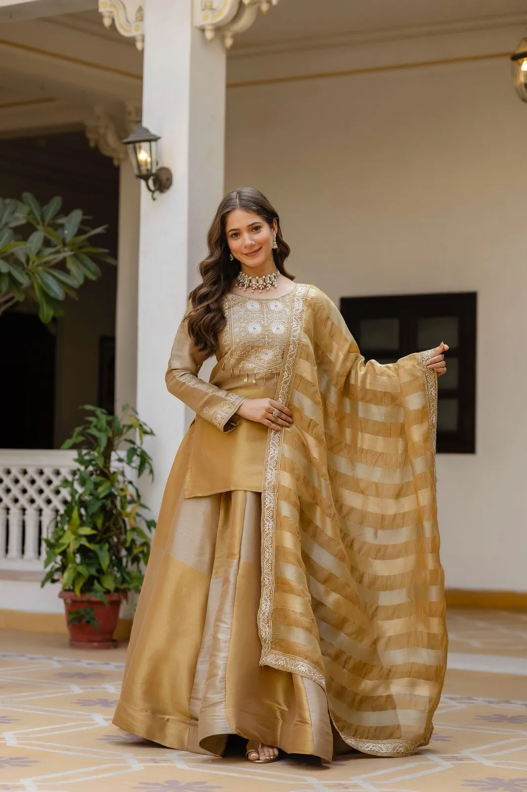 Pure Banarasi Viscose Silk Golden Lehenga Skirt Dupatta Online RRC 44
