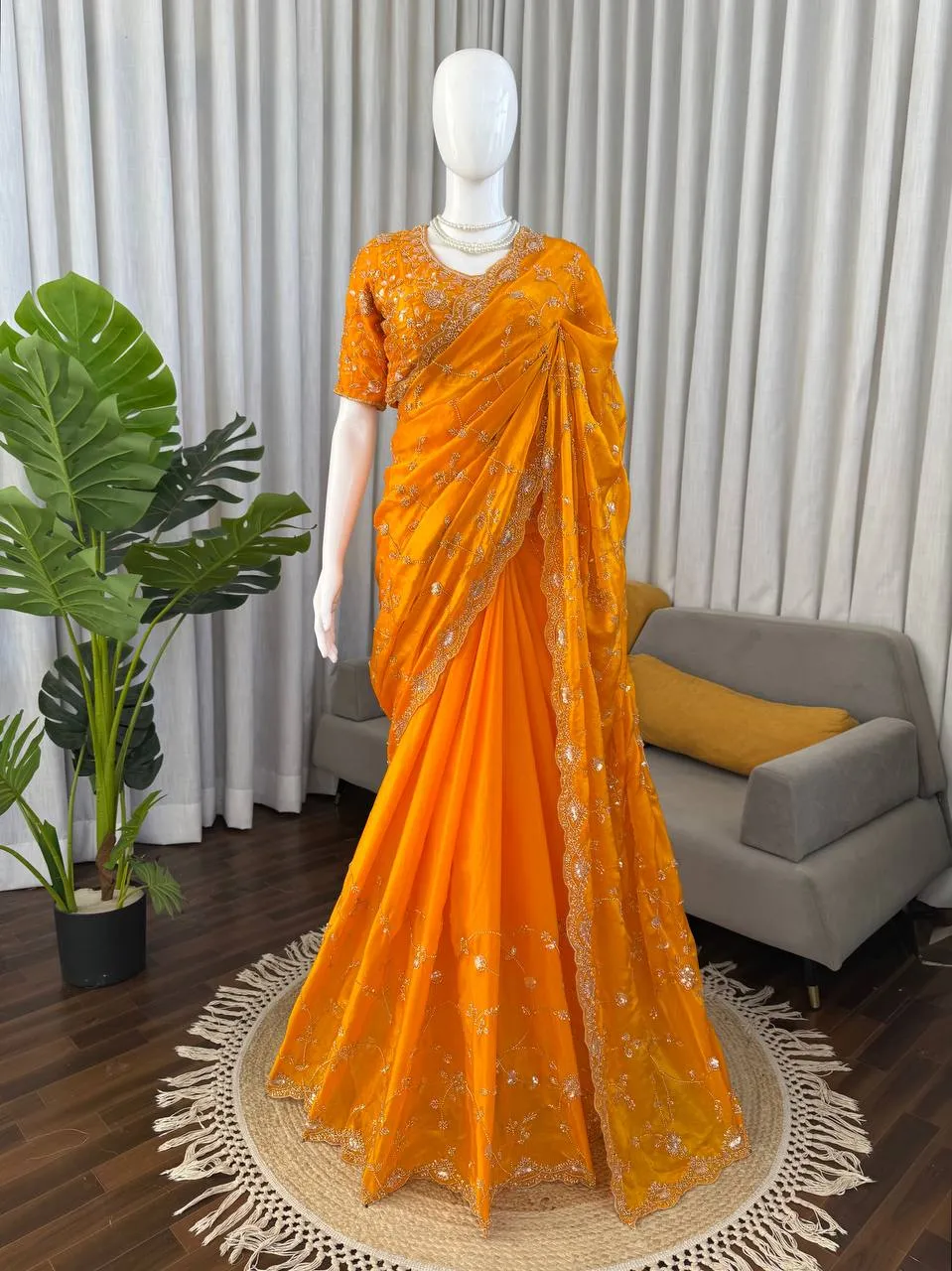 Deepika 628 Fendy Silk Sequnce Work Yellow Wedding Saree Wholesale India