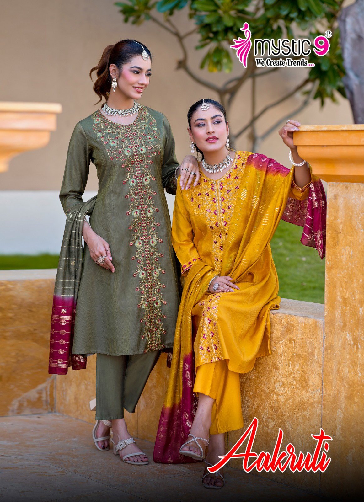 Mystic 9 Aakruti Vol 1 Vertican Shimmer Flaired Top With Bottom And Dupatta Wholesale