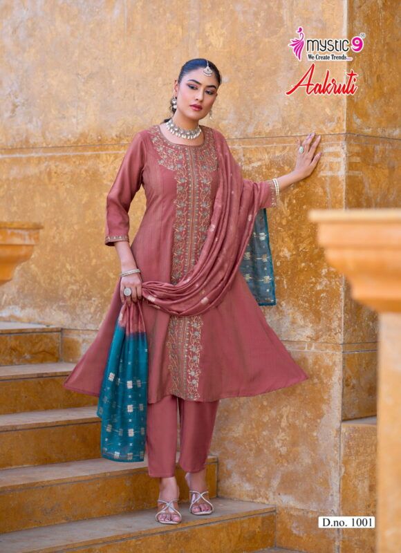 Buy Mystic 9 Aakruti Vol 1 Vertican Shimmer Flaired Top With Bottom And Dupatta Wholesale 2026
